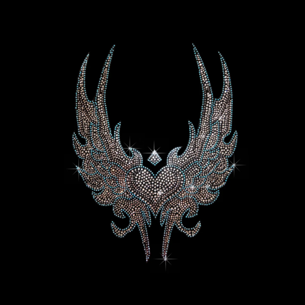 Blue Tribal Angel Wings Iron On Rhinestone Bling Design